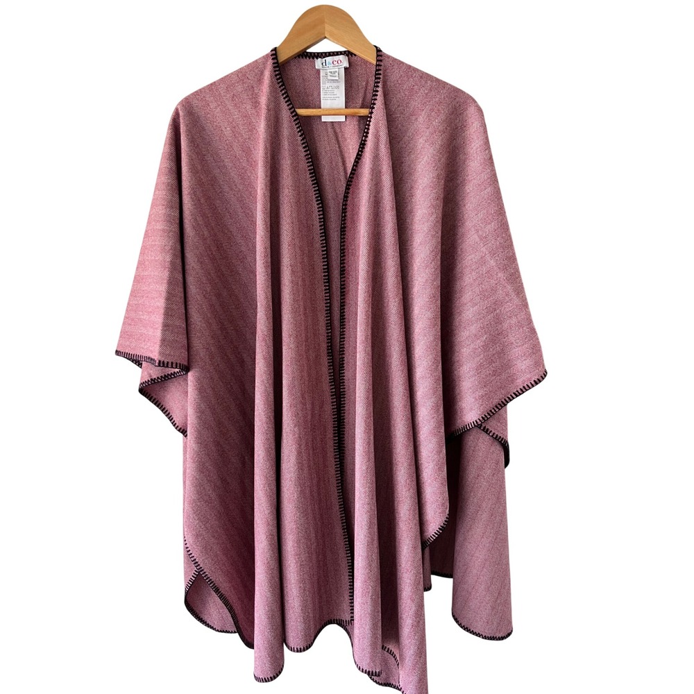 Denim & Co Herringbone Poncho Wrap Burgundy Black One Size Plus Shawl Blanket